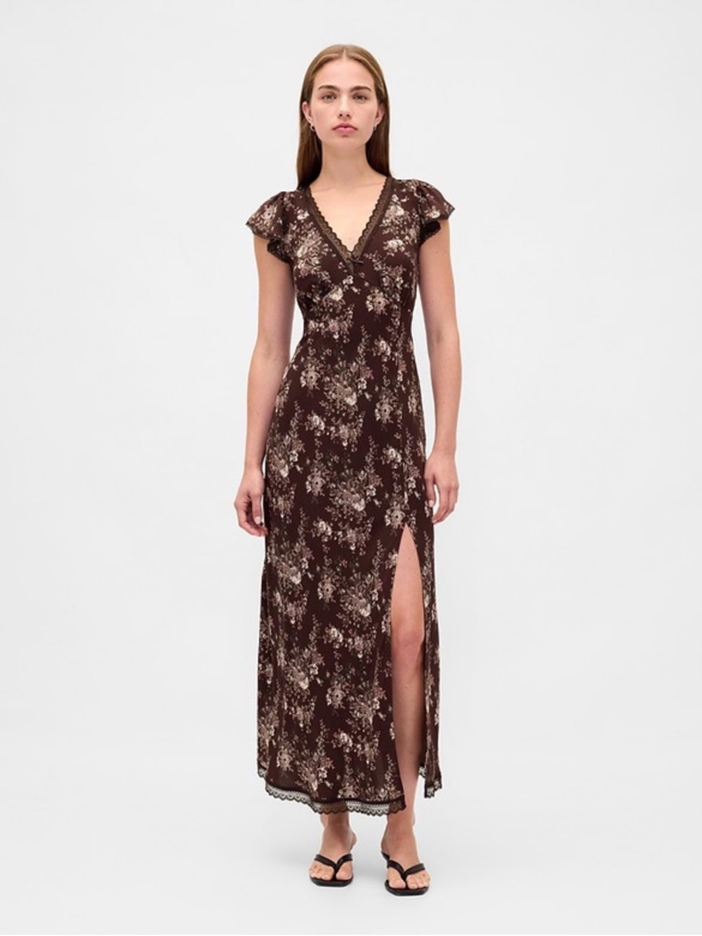 GAP Lace-Trim V-Neck Crepe Maxi Dress in Brown Floral | Size XS | NWOT